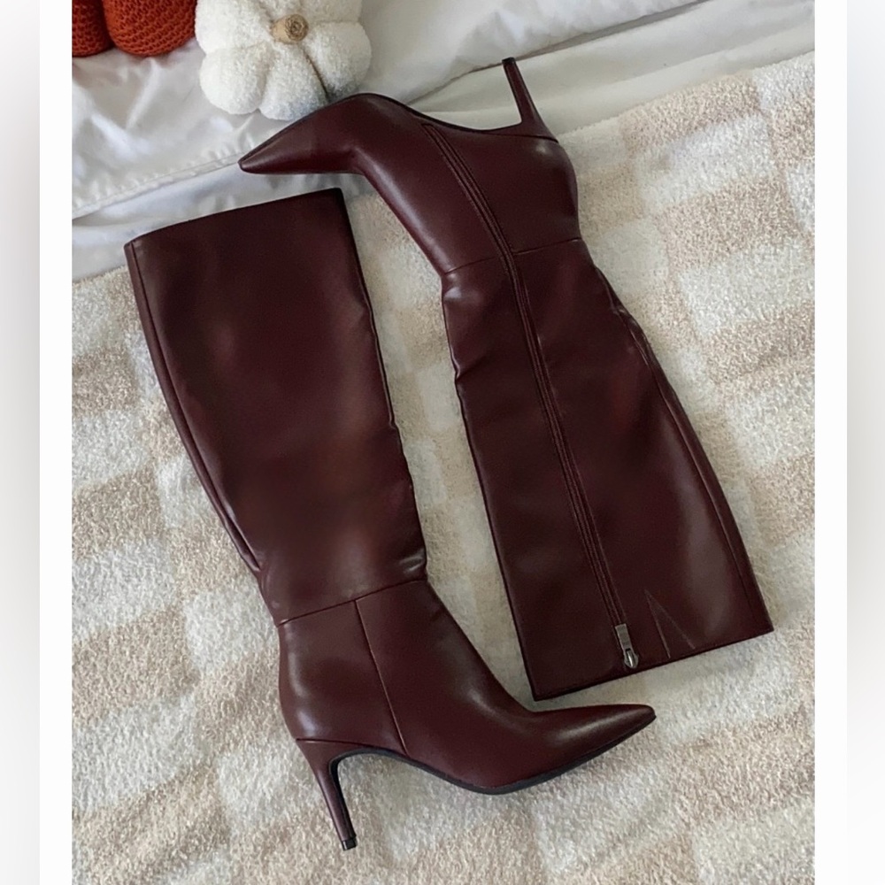 Burgundy maroon dark red wine knee high faux leather womens boots - Picture 1 of 14
